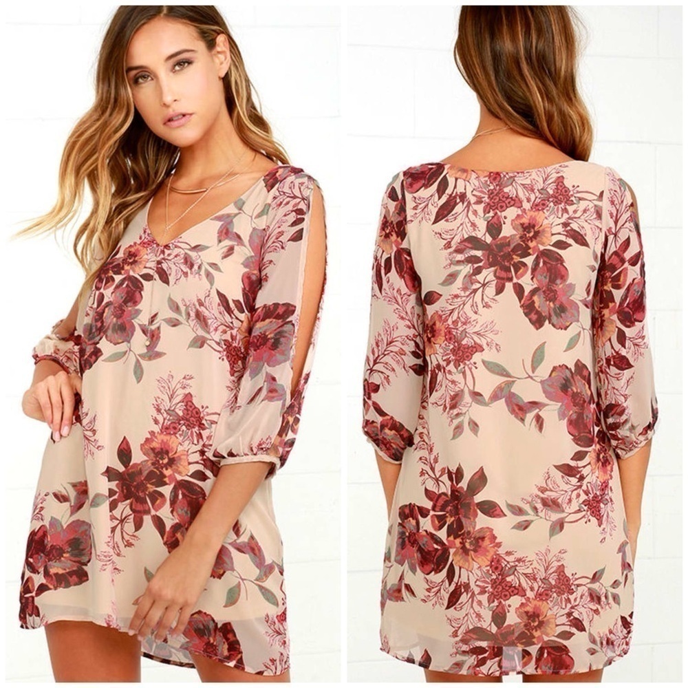 LULU’S Shifting Dears Beige Floral Print Dress